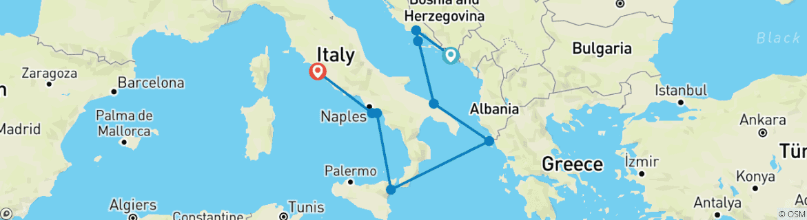 Carte du circuit De la Croatie à la côte amalfitaine en passant par la Sicile