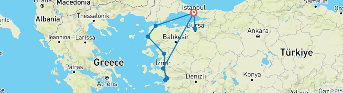 Image of a map showing the route of the tour