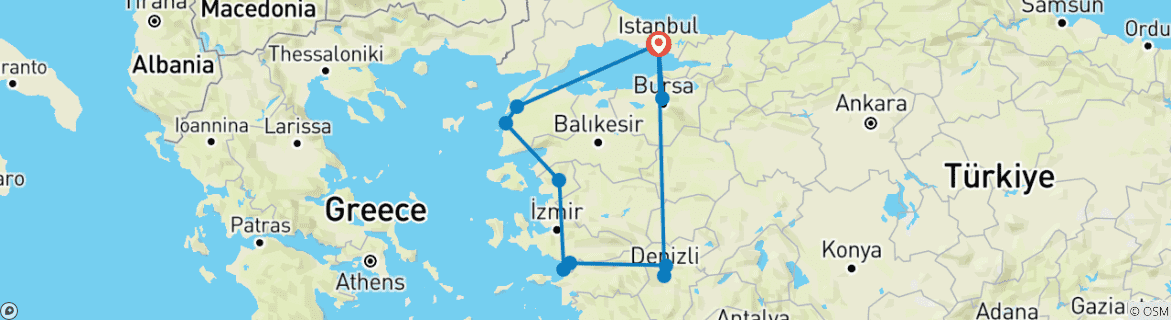 Image of a map showing the route of the tour