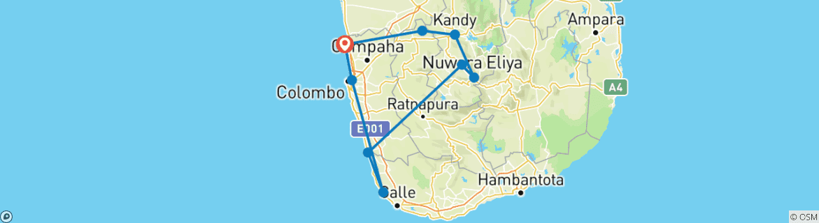 Image of a map showing the route of the tour