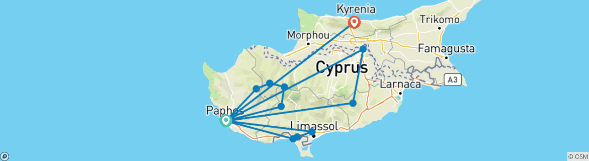 Mapa de 8 Días en Chipre: Un tapiz de historia, mitos y vida mediterránea (Llegadas del martes)