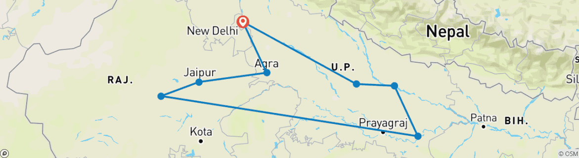 Image of a map showing the route of the tour