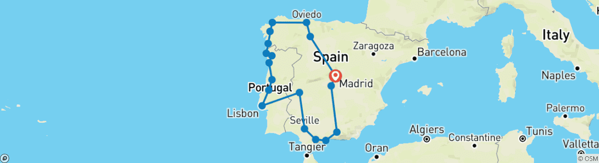 Carte du circuit Madrid vers la Galice, le Portugal et l'Andalousie - 14 jours