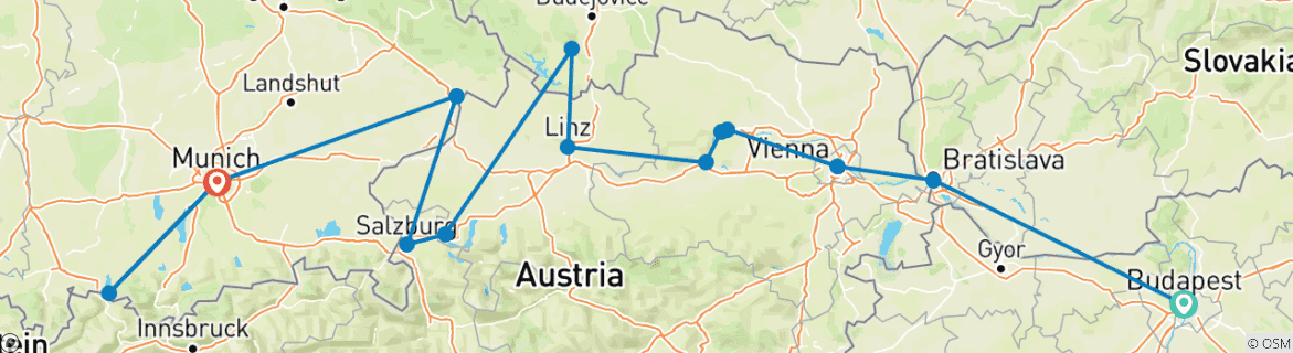 Image of a map showing the route of the tour