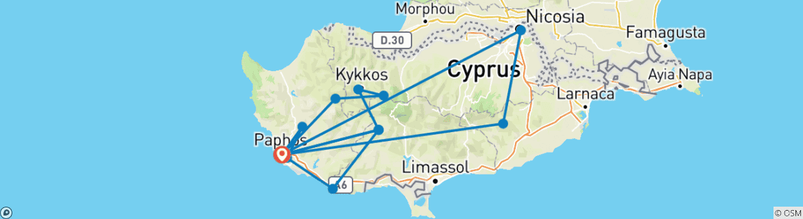 Carte du circuit 8 jours à Chypre : Une tapisserie d'histoire, de mythes et de vie méditerranéenne (arrivée le samedi)
