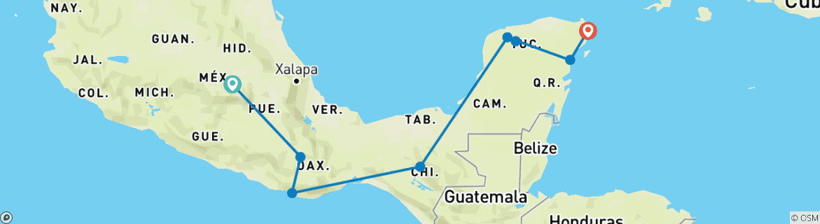 Image of a map showing the route of the tour