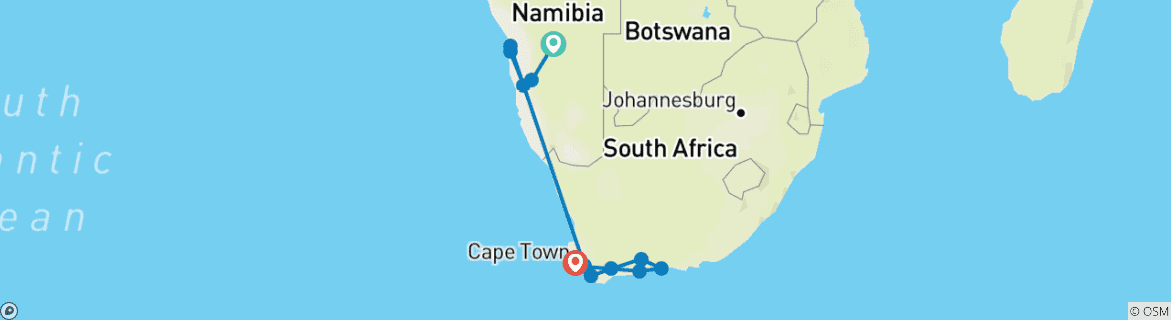 Kaart van Namibië ontmoet Zuid-Afrika: roadtrip door de woestijn & glamping met wilde dieren