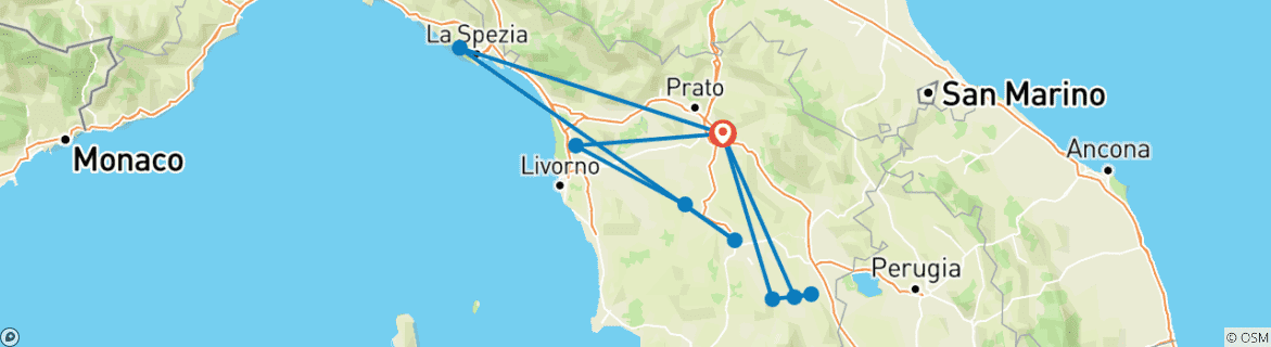 Image of a map showing the route of the tour