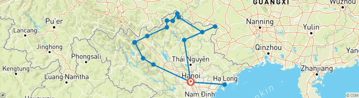 Carte du circuit Unique Grand Vietnam Loop Tour 14- Day ( Mu Cang Chai - Tram Tau - Sapa - Ha Giang - Ban Gioc Waterfall - Ba Be Lake - Halong Bay)