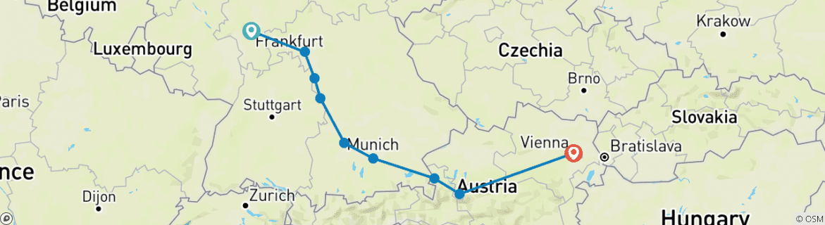 Image of a map showing the route of the tour