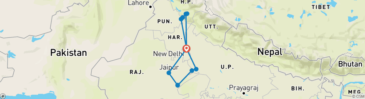 Image of a map showing the route of the tour