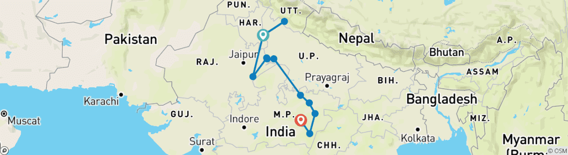 Image of a map showing the route of the tour