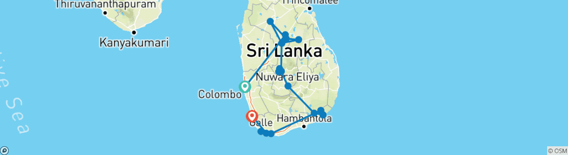 Image of a map showing the route of the tour