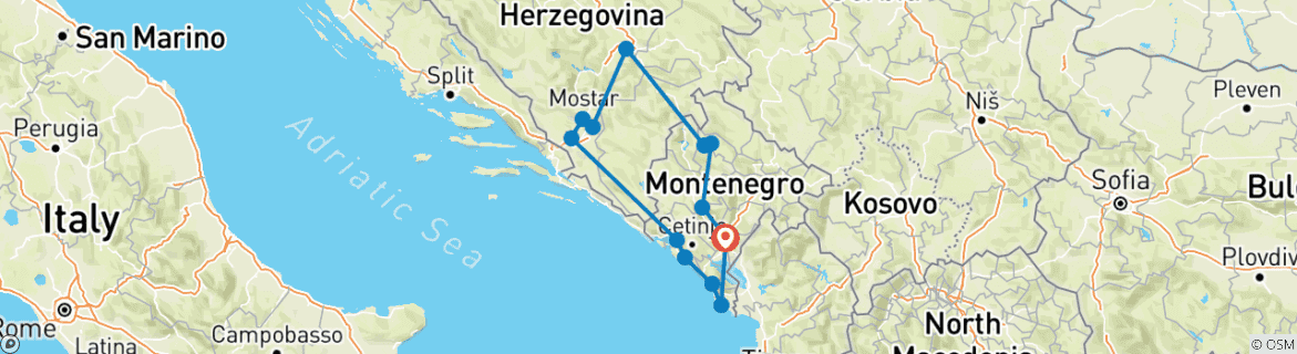 Carte du circuit Circuit découverte de 7 jours au Monténégro et en Bosnie