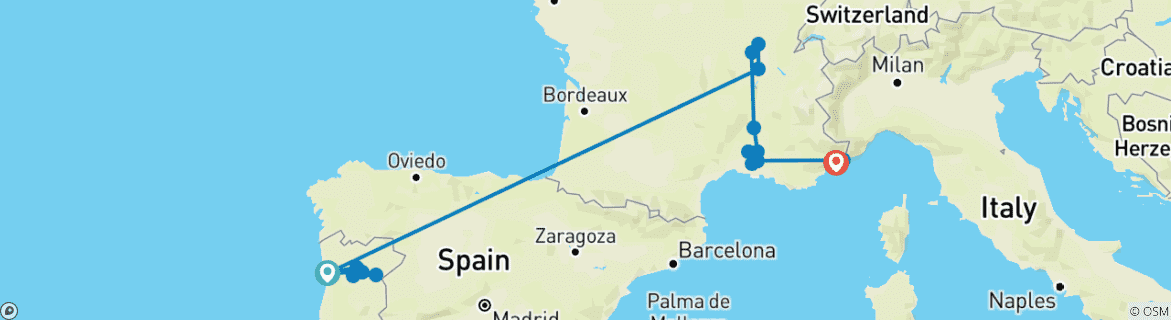 Carte du circuit Découvrez les rivières de France & du Portugal & Nice 2026 - 18 jours (17 destinations)