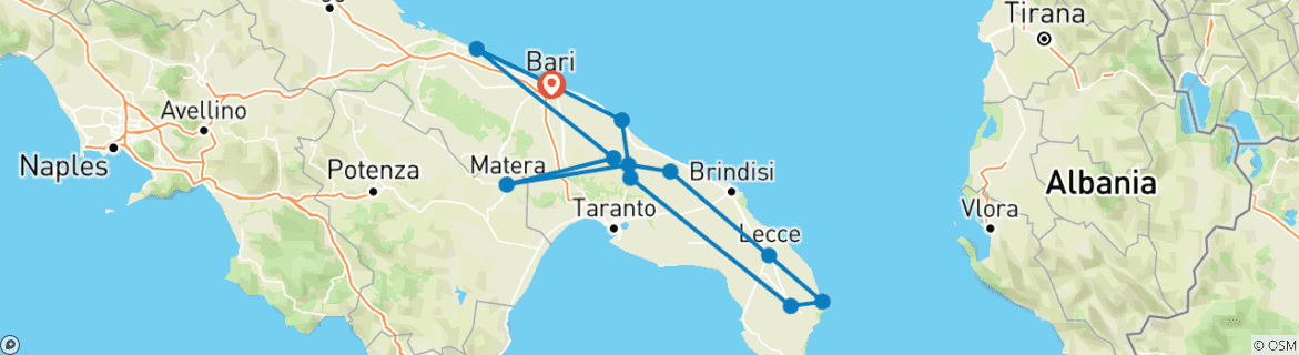 Image of a map showing the route of the tour