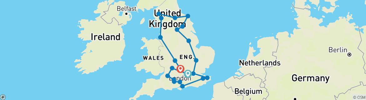 Carte du circuit Odyssée anglaise - 14 jours/13 nuits (21 destinations)