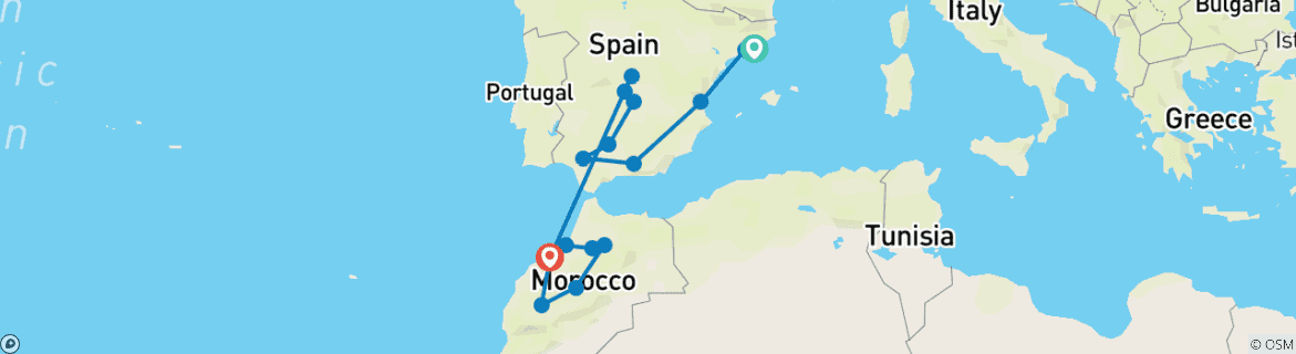 Image of a map showing the route of the tour
