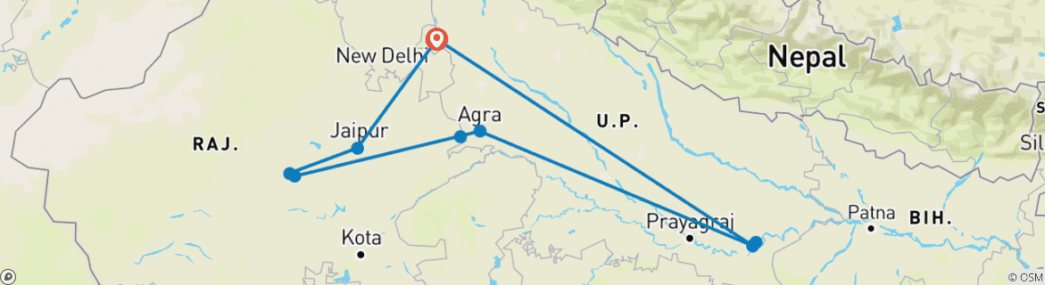 Image of a map showing the route of the tour