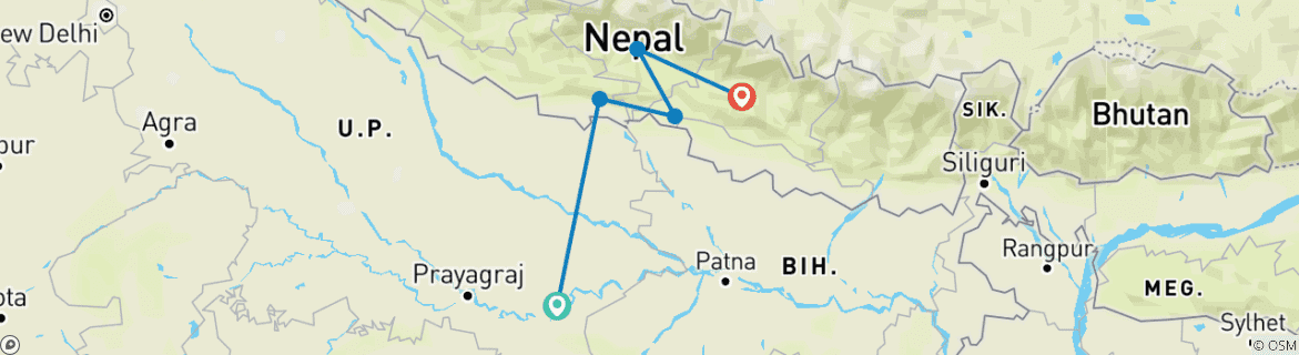 Carte du circuit L'Inde et le Népal à petit prix : De Varanasi à Katmandou