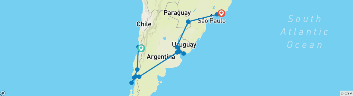 Carte du circuit Du Chili au Brésil : un road trip dans la région des lacs et au-delà