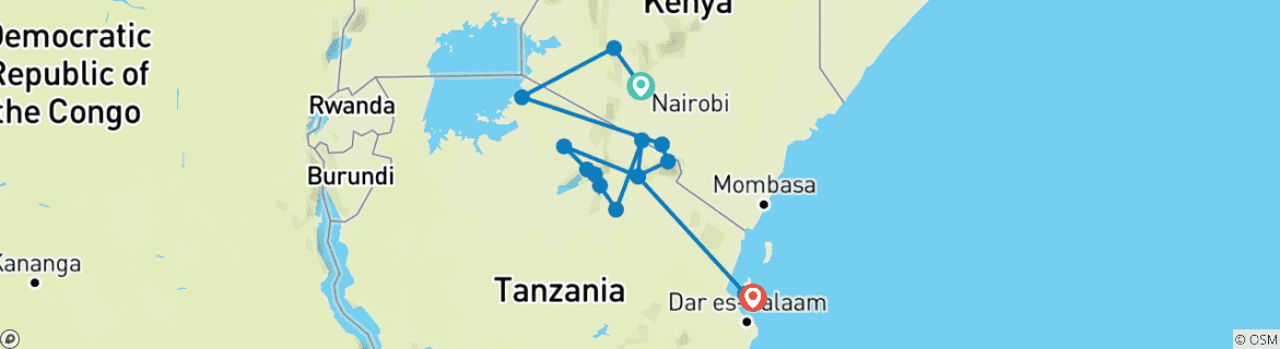 Carte du circuit Afrique de l'Est : Plages du Kenya, de la Tanzanie et de Zanzibar (from Nairobi to Forêt de Jozani)