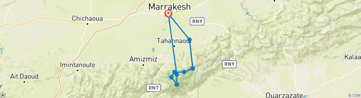 Image of a map showing the route of the tour