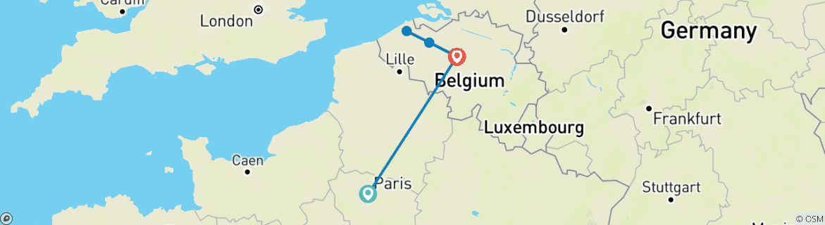 Carte du circuit 7 jours à travers Paris et Bruxelles : De la Tour Eiffel à la Grand Place