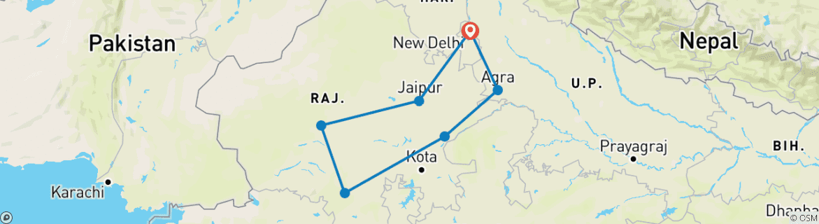Image of a map showing the route of the tour
