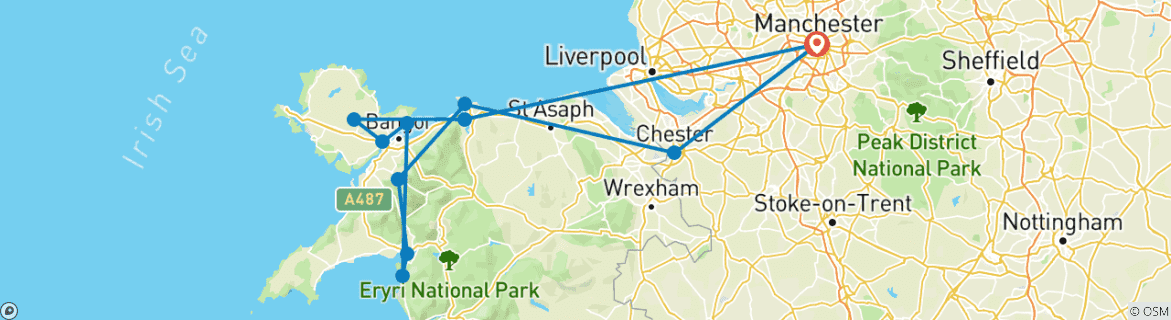 Carte du circuit Snowdonia, Nord du Pays de Galles et Chester en petit groupe - 3 jours