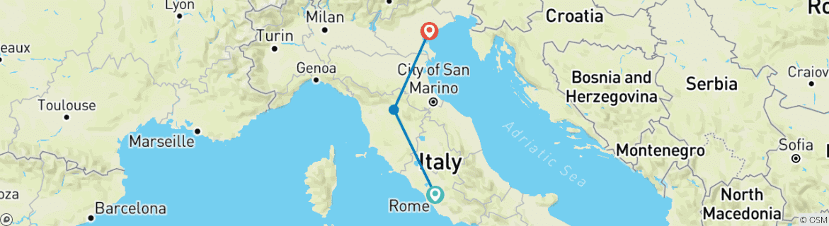 Image of a map showing the route of the tour