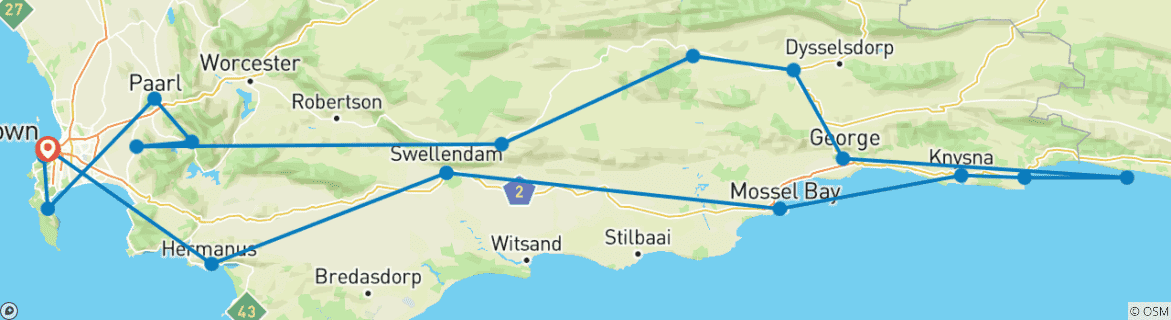 Image of a map showing the route of the tour