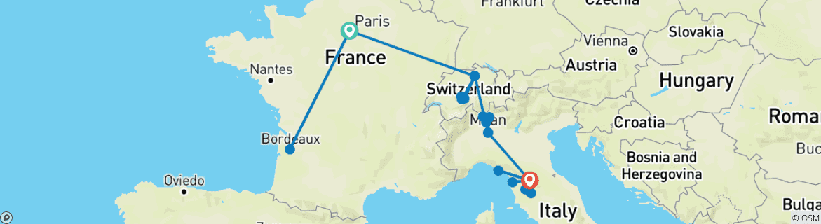Carte du circuit Circuit de 14 jours : Découverte de Paris, Zurich, Milan et Florence