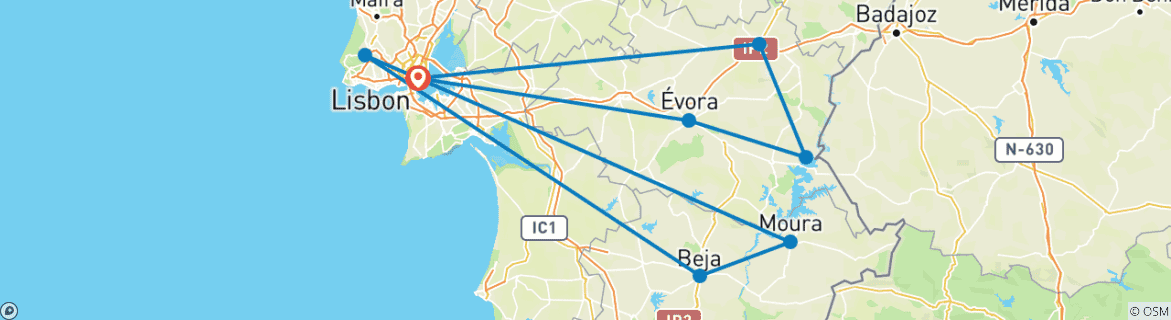 Carte du circuit Voyage à la découverte des vins, des saveurs et de la beauté de l'Alentejo