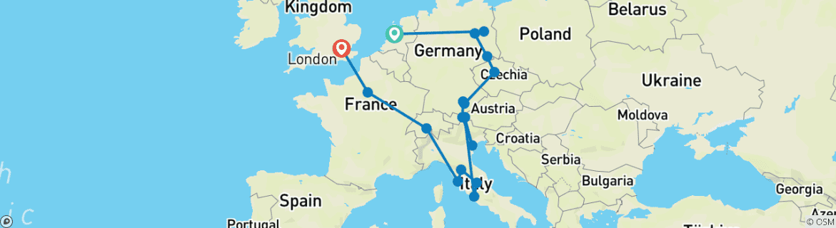 Image of a map showing the route of the tour