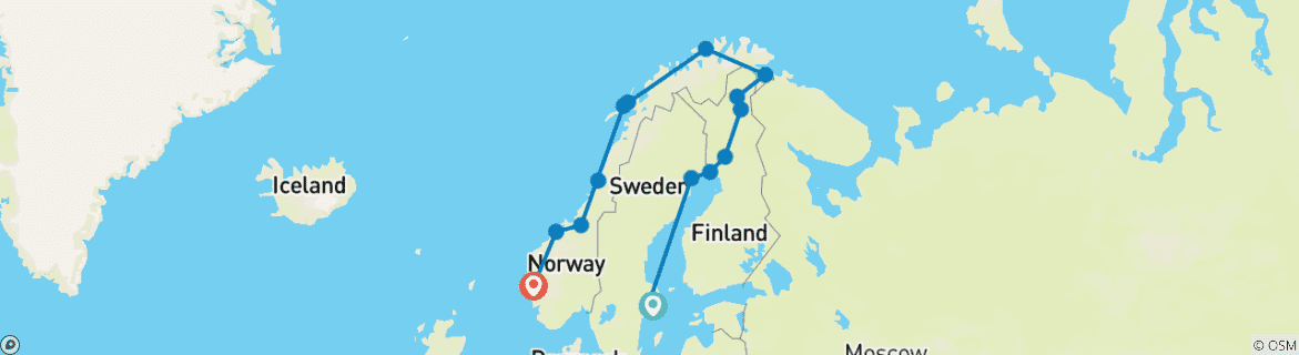Carte du circuit Découverte nordique de la Suède, de la Laponie finlandaise et croisière de 5 nuits sur la côte norvégienne (de Stockholm à Bergen)