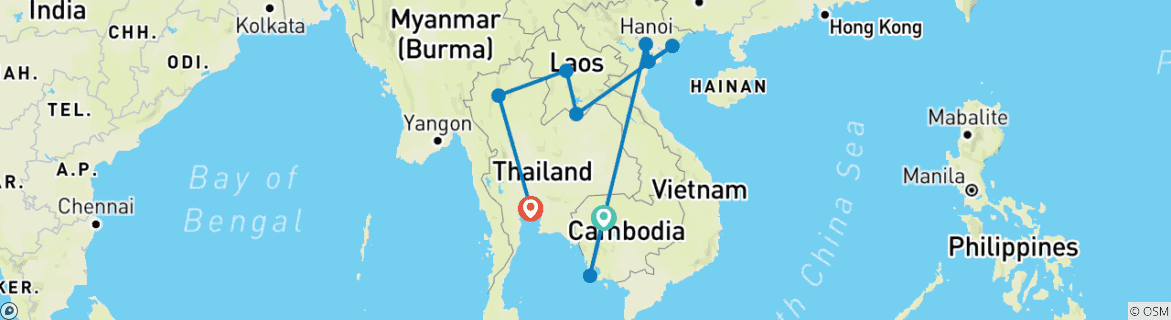 Carte du circuit Essence de l'Indochine et de la Thaïlande : Voyage de 21 jours à travers le Cambodge, le Vietnam, le Laos et la Thaïlande