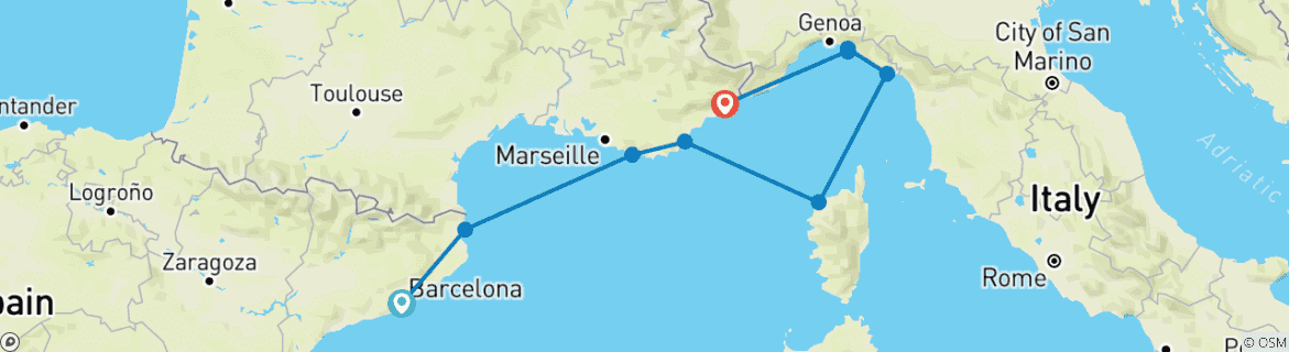 Carte du circuit Les joyaux de la plaisance des rivieras française et italienne 2027