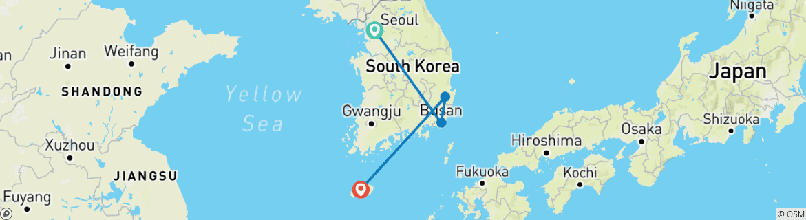 Carte du circuit 10 jours - Panoramique de la Corée : Visite de Séoul, Busan et Jeju (guide et chauffeur privés）Voyage en famille - personnalisable)