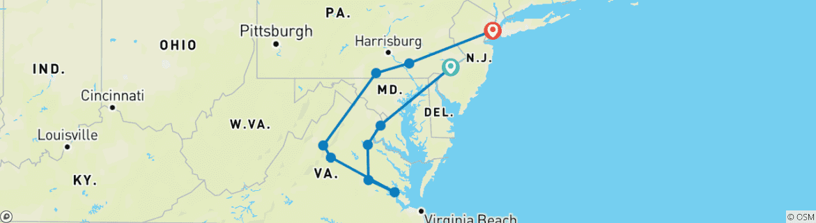 Carte du circuit Des histoires inédites sur les sentiers historiques avec un séjour prolongé à New York