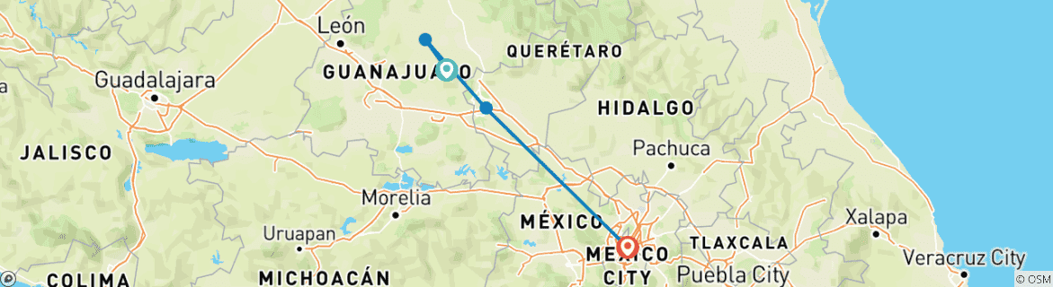 Image of a map showing the route of the tour