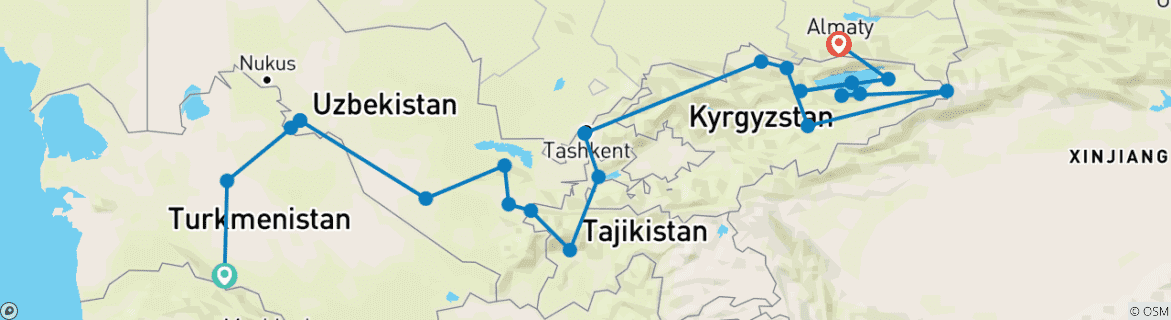 Carte du circuit Odyssée de la route de la soie : The Five Stans Adventure et World Nomad Games 2026 (dates et itinéraire exacts à confirmer). (22 destinations)