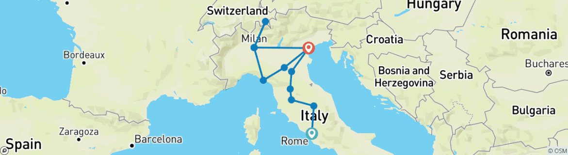 Image of a map showing the route of the tour