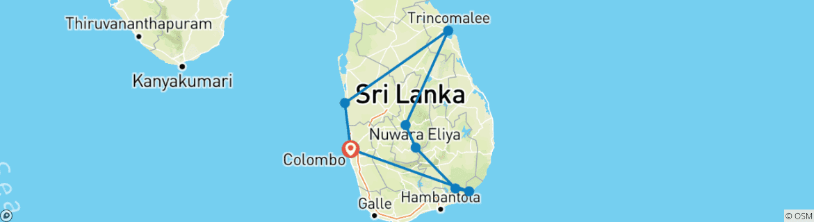 Kaart van Ramayana spoor van Sri Lanka