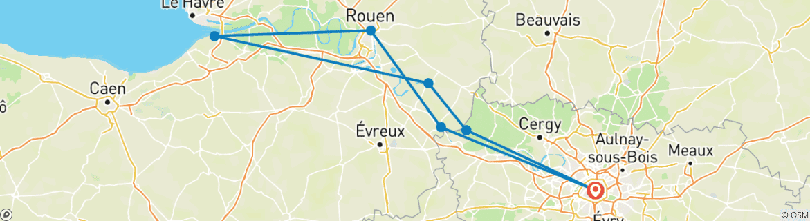 Carte du circuit Sensations festives de la Seine, de la Normandie et de Paris