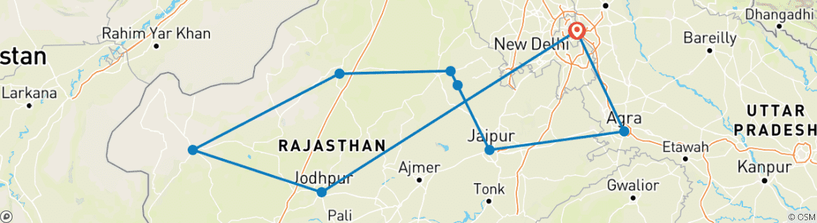 Image of a map showing the route of the tour