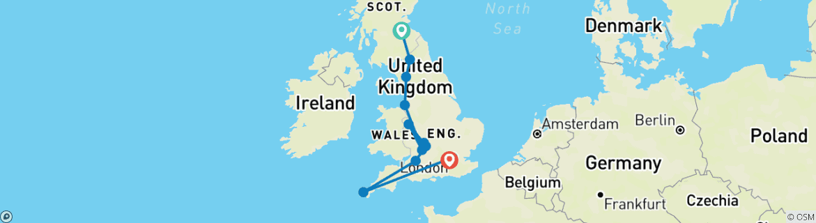 Carte du circuit Côtes et campagnes d'Angleterre avec le Royal Edinburgh Military Tattoo, Liverpool et Londres (d'Édimbourg à Londres) (from Édimbourg to Hampton)