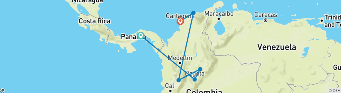 Karte von Panama & Kolumbien Rundreise - 19 Tage Karibik, Kaffee & Kultur
