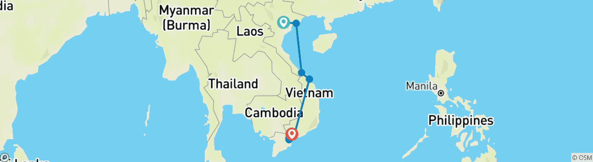 Image of a map showing the route of the tour