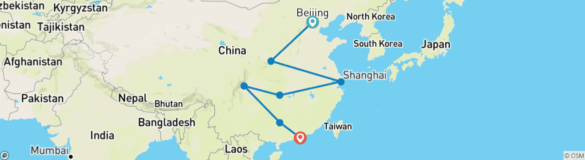 Image of a map showing the route of the tour